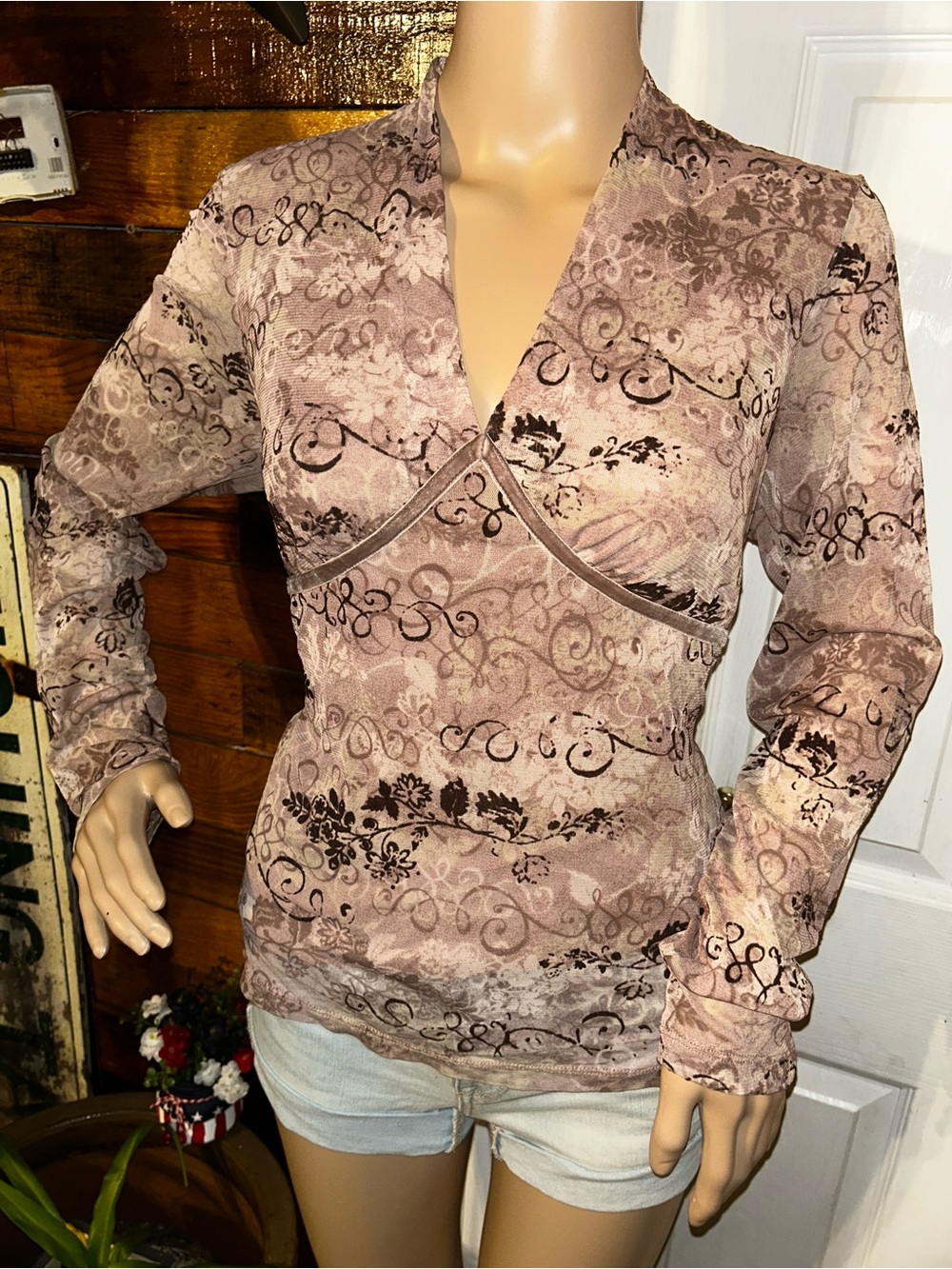 VTG Axcess Floral Babydoll Blouse Women L Brown V-Neck Long Sleeve Y2K